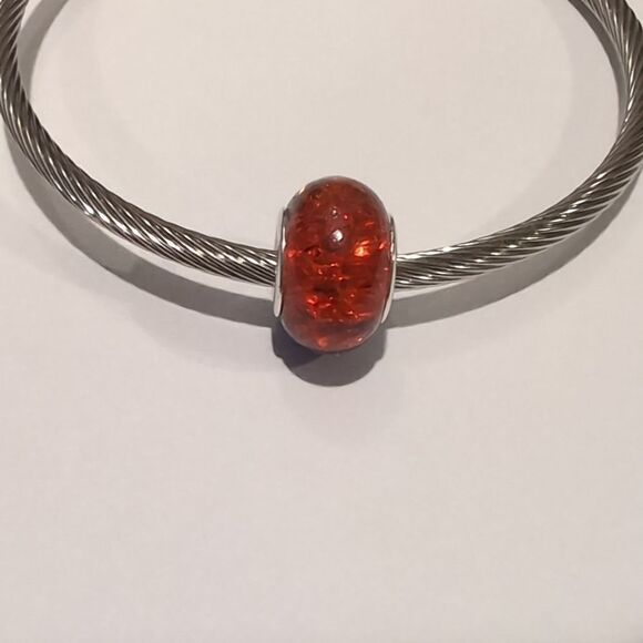 Silver Two Tone "Crushed Glass" Blue and Orange Charm for Pandora Style Bracelet - Picture 4 of 6